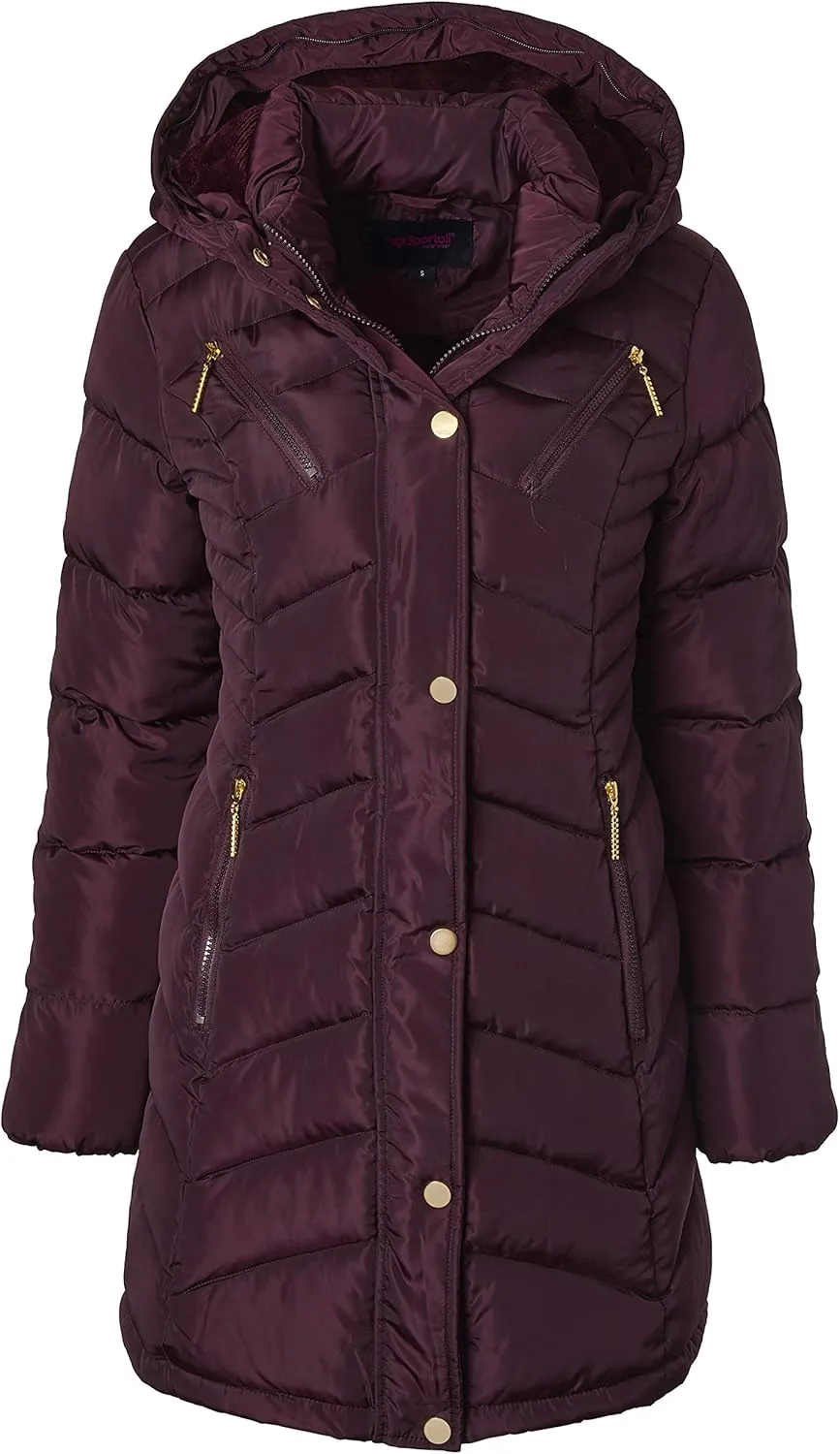 Sportoli Women Long Quilted Down Alternative Plush Lined Puffer Jacket Coat Fur Trim Hood