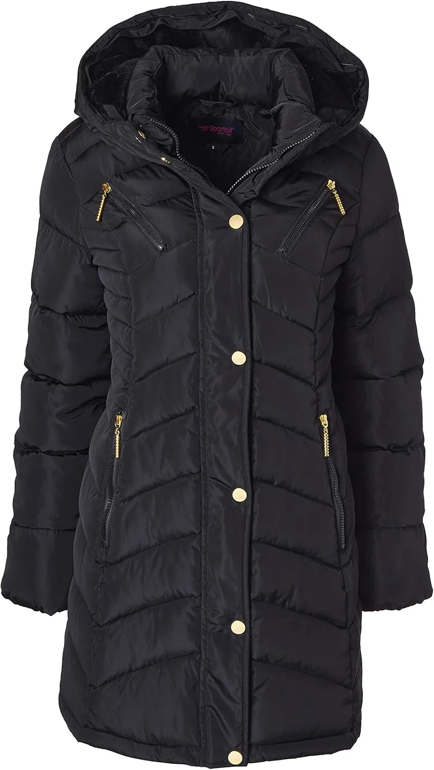 Sportoli Women Long Quilted Down Alternative Plush Lined Puffer Jacket Coat Fur Trim Hood