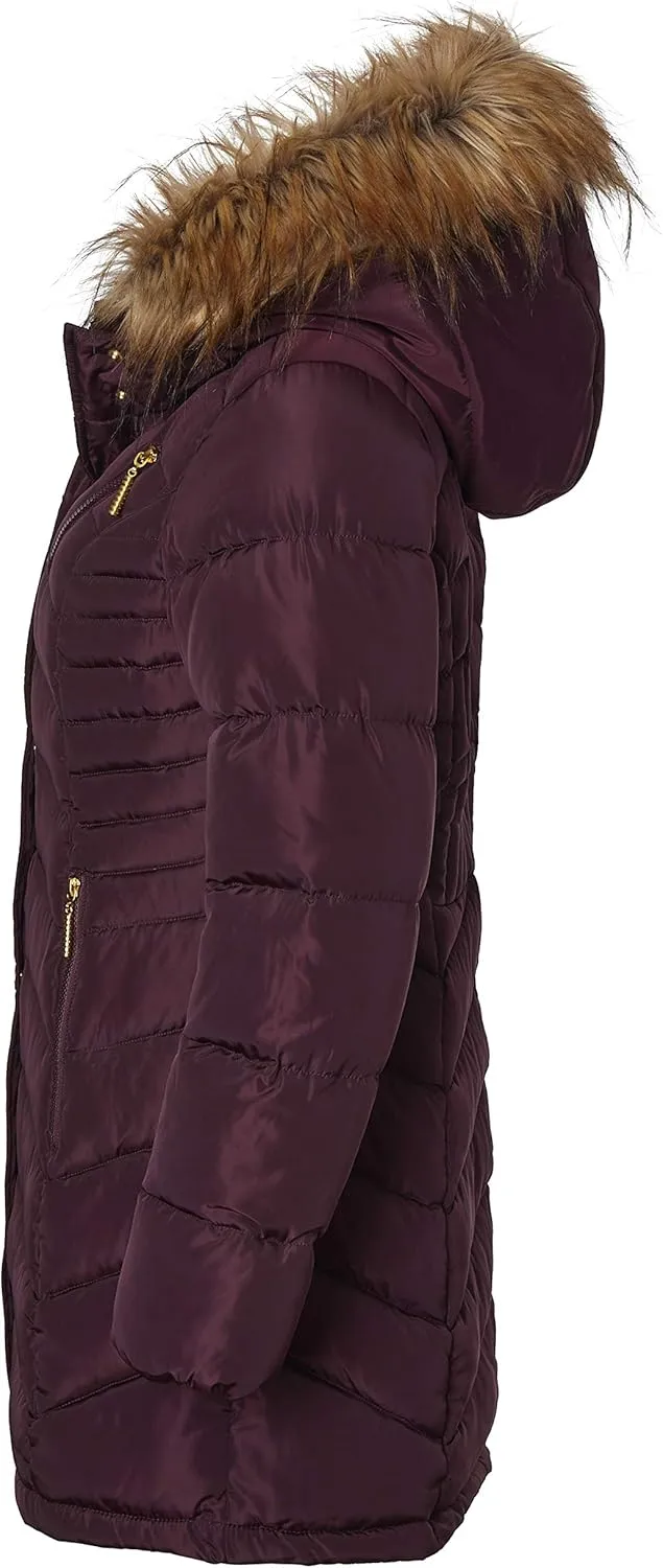 Sportoli Women Long Quilted Down Alternative Plush Lined Puffer Jacket Coat Fur Trim Hood