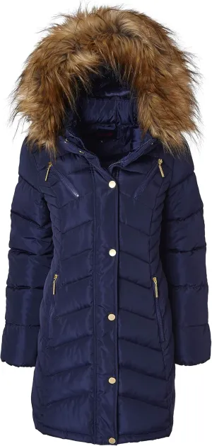 Sportoli Women Long Quilted Down Alternative Plush Lined Puffer Jacket Coat Fur Trim Hood