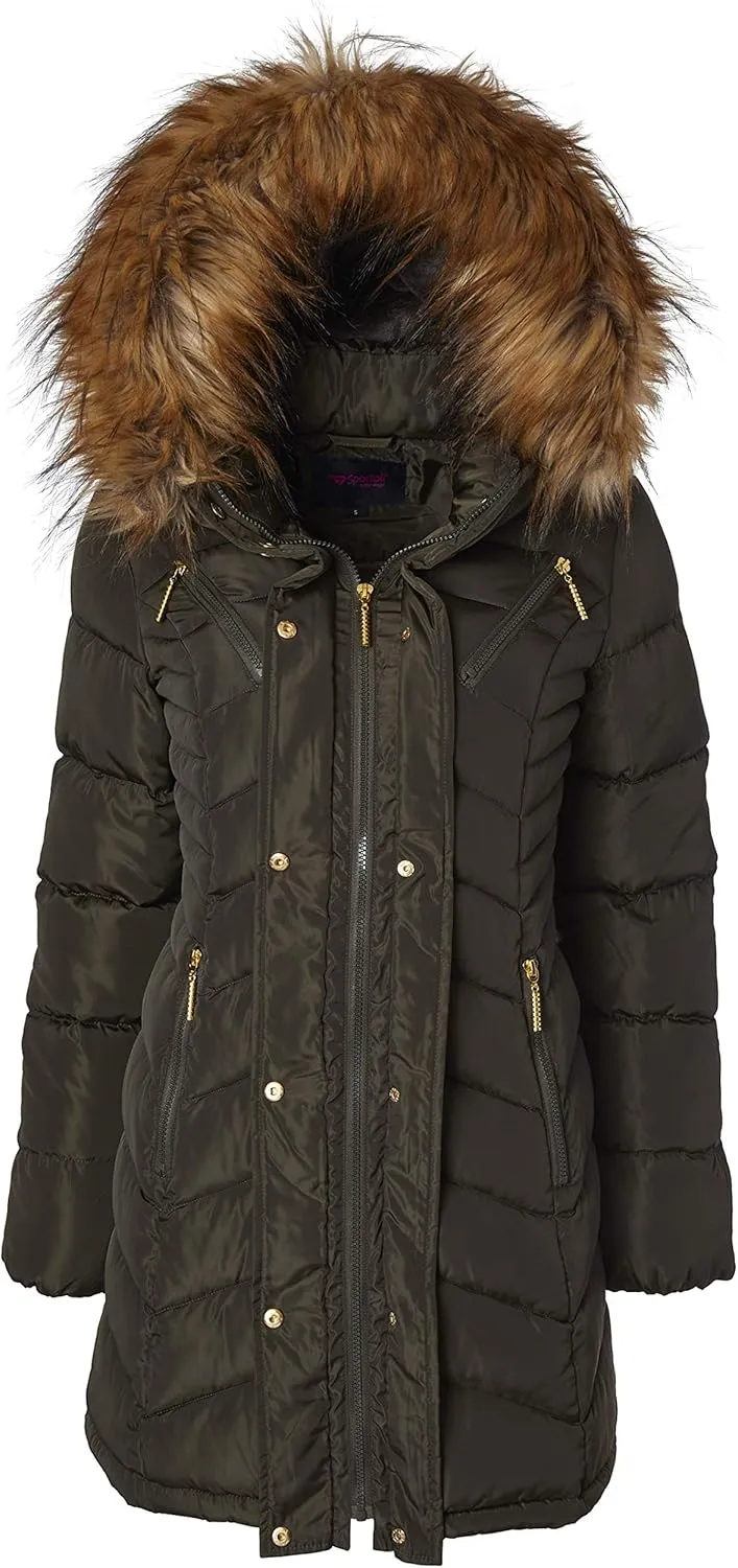 Sportoli Women Long Quilted Down Alternative Plush Lined Puffer Jacket Coat Fur Trim Hood
