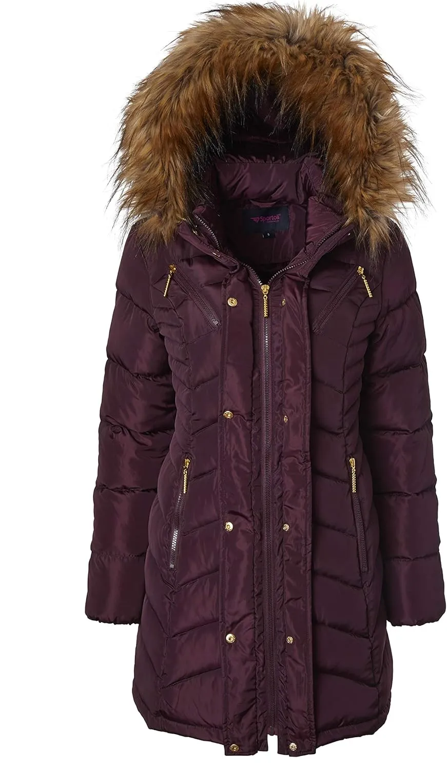 Sportoli Women Long Quilted Down Alternative Plush Lined Puffer Jacket Coat Fur Trim Hood