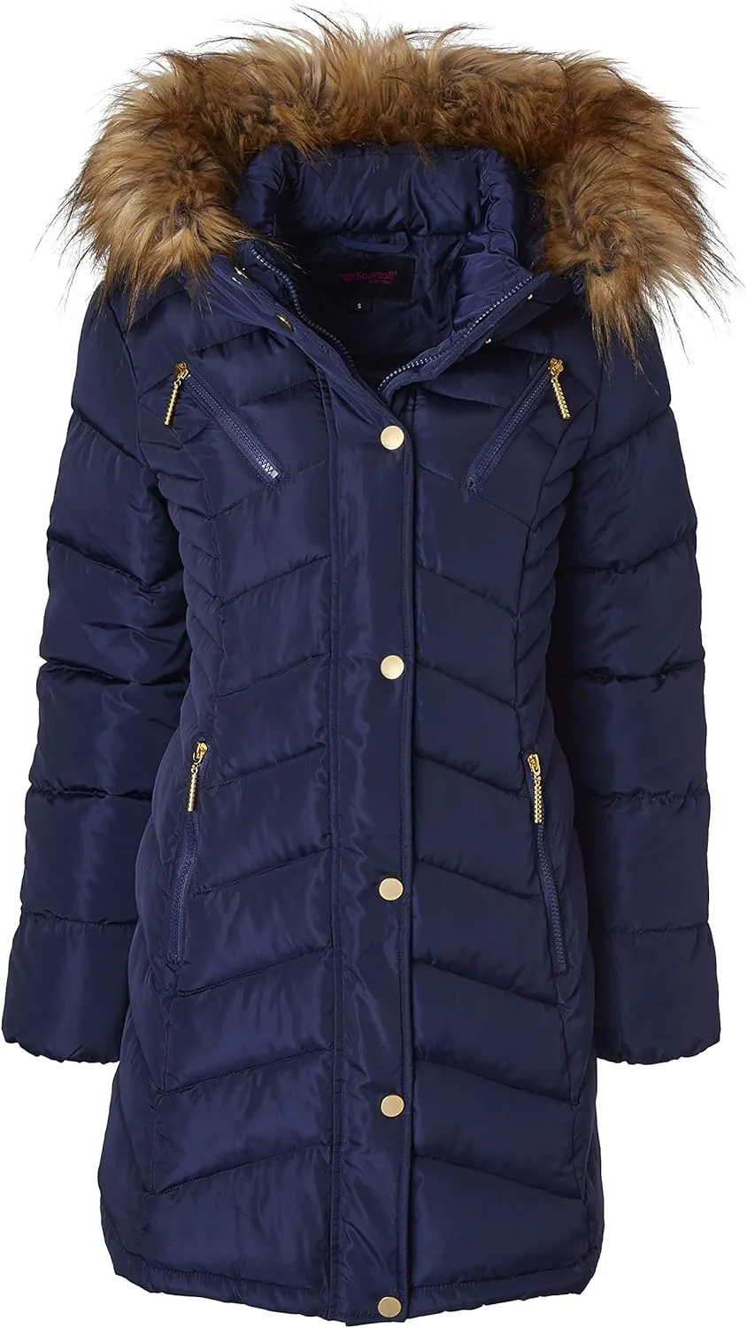 Sportoli Women Long Quilted Down Alternative Plush Lined Puffer Jacket Coat Fur Trim Hood