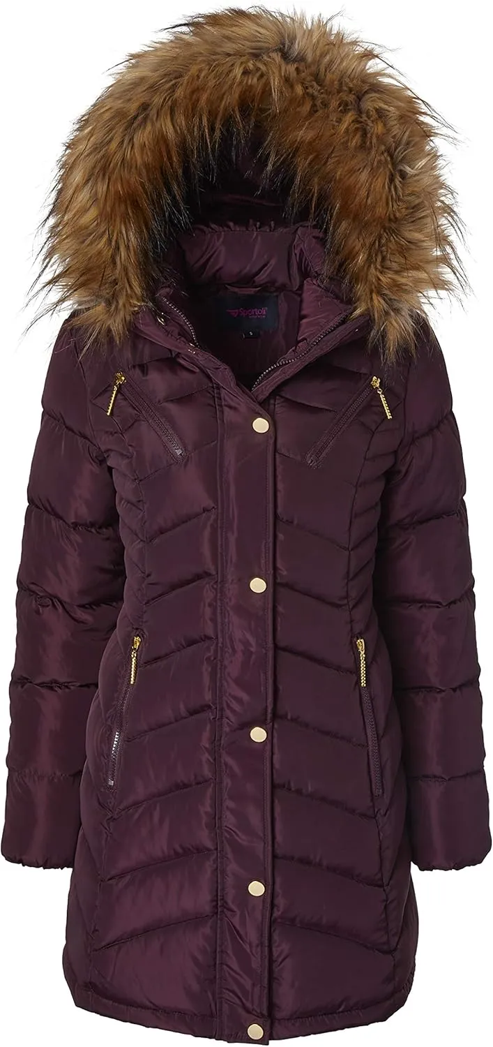 Sportoli Women Long Quilted Down Alternative Plush Lined Puffer Jacket Coat Fur Trim Hood