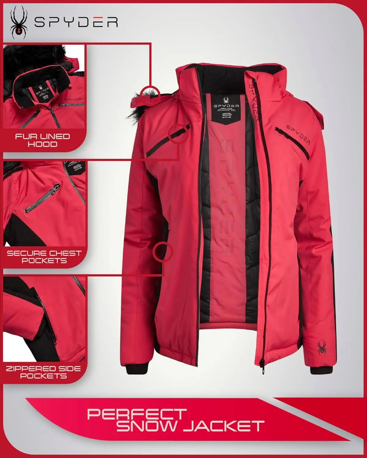Spyder Women's Snow Jacket - Color Block Quilted Weatherproof Winter Ski Jacket for Women with Detachable Hood (Sizes: S-XL)