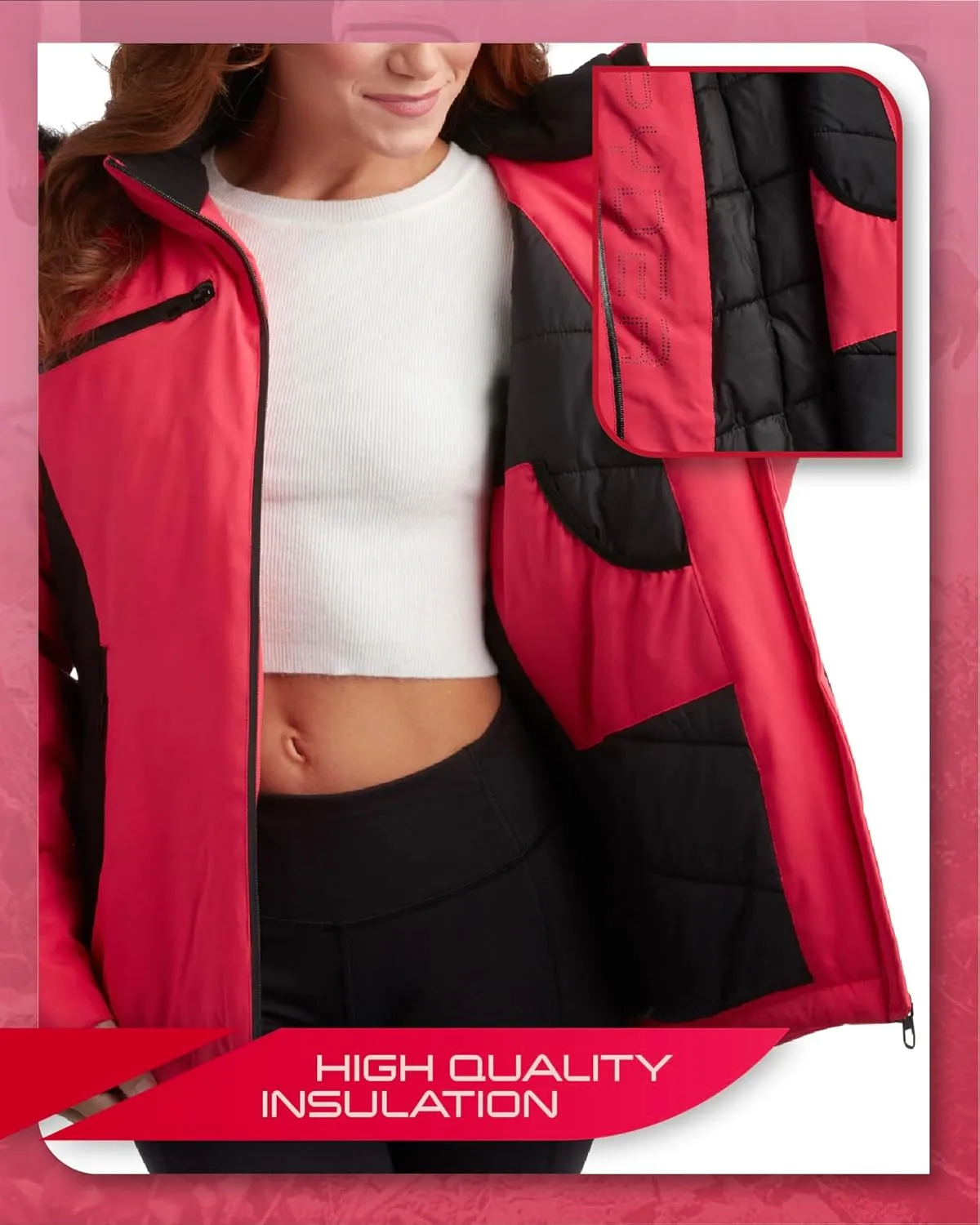 Spyder Women's Snow Jacket - Color Block Quilted Weatherproof Winter Ski Jacket for Women with Detachable Hood (Sizes: S-XL)
