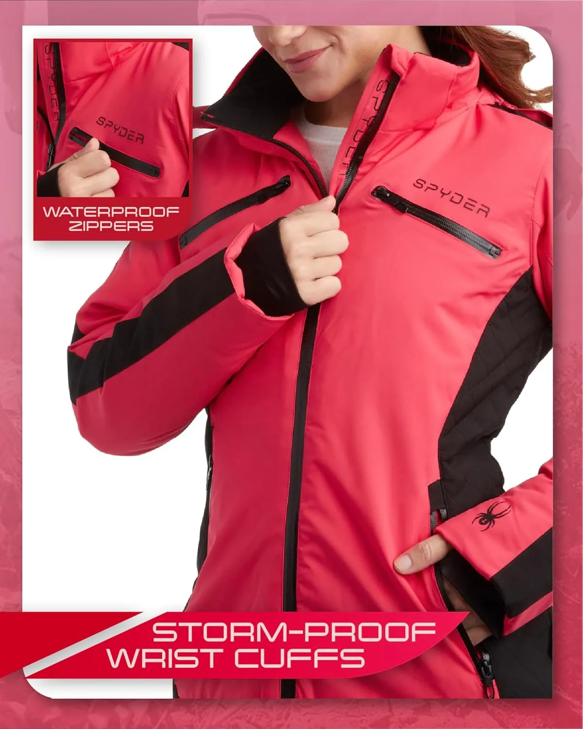 Spyder Women's Snow Jacket - Color Block Quilted Weatherproof Winter Ski Jacket for Women with Detachable Hood (Sizes: S-XL)