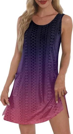 Summer Dresses for Women 2025 Eyelet Casual Sleeveless Floral Print Tank Sundresses Beach Cover Up with Pockets