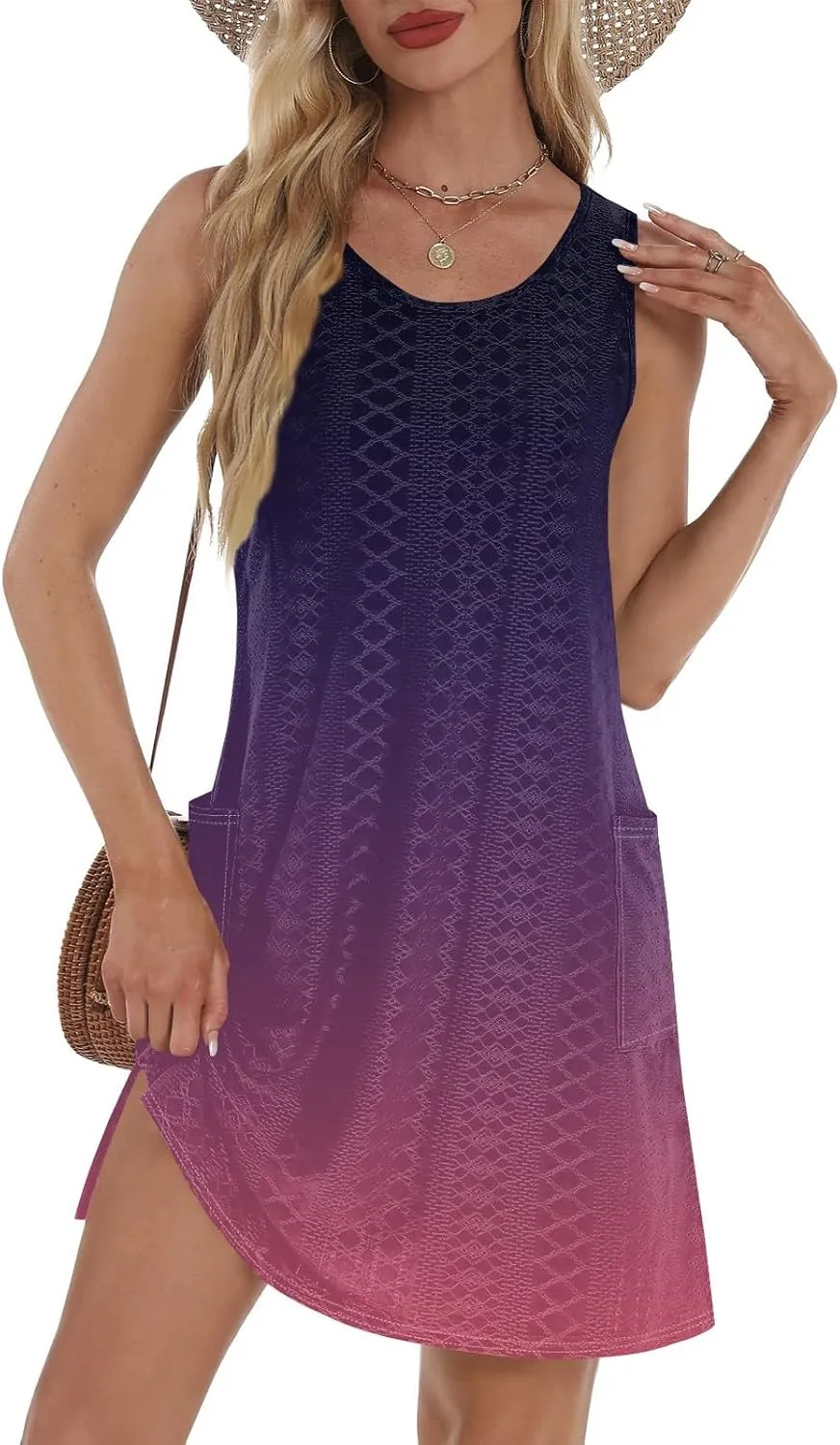 Summer Dresses for Women 2025 Eyelet Casual Sleeveless Floral Print Tank Sundresses Beach Cover Up with Pockets