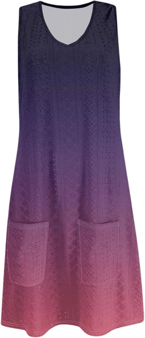 Summer Dresses for Women 2025 Eyelet Casual Sleeveless Floral Print Tank Sundresses Beach Cover Up with Pockets