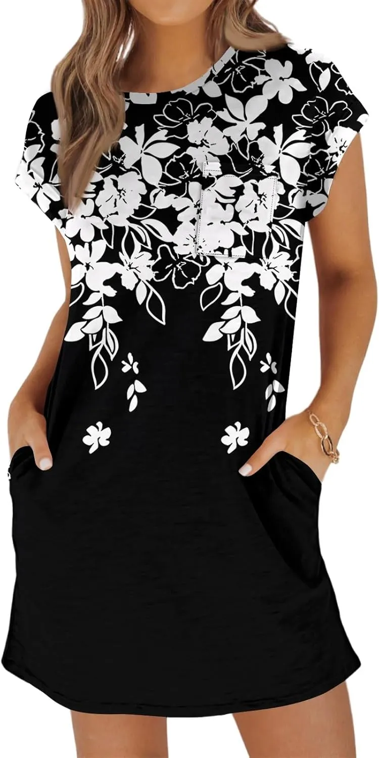 Summer Dresses for Women Print Short Sleeve Dress Casual Sundresses Beach Vacation Dress T Shirt Dress with Pockets