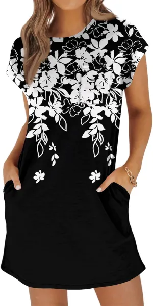 Summer Dresses for Women Print Short Sleeve Dress Casual Sundresses Beach Vacation Dress T Shirt Dress with Pockets