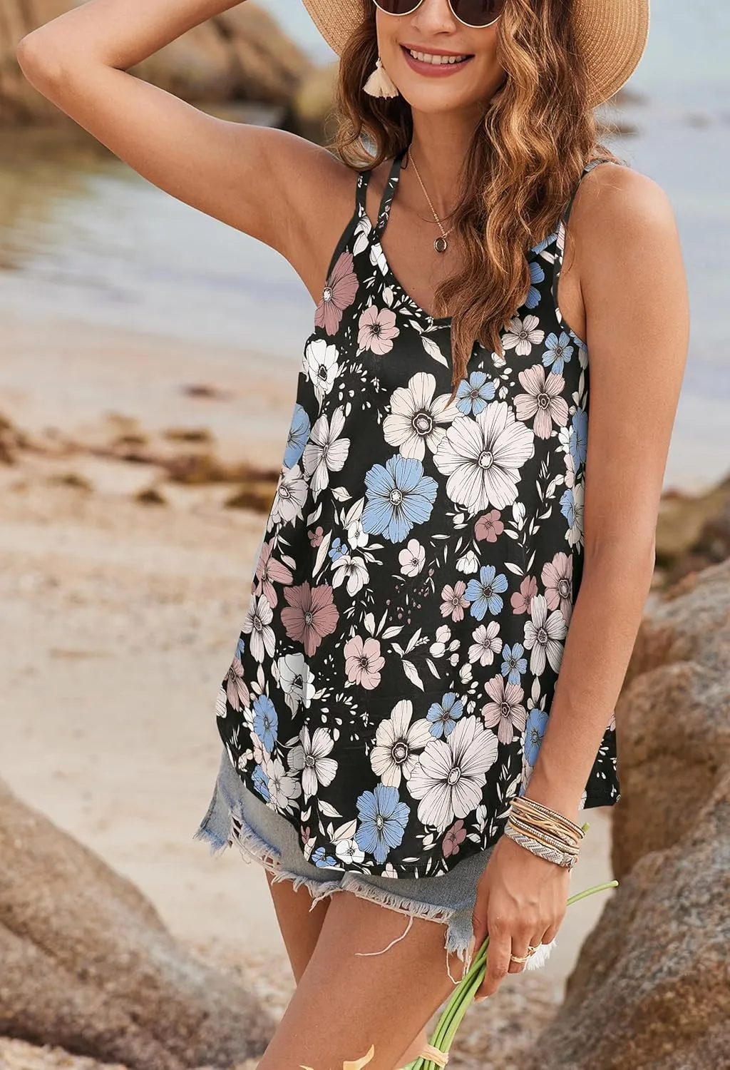 Supnier Women's Casual Summer Spaghetti Strap Tank Tops Floral Print Sleeveless V Neck Strappy Shirts