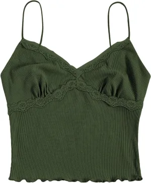 SweatyRocks Women's Lace Patchwork Spaghetti Strap Crop Cami Cute Ribbed Knit Slim Fit V Neck Camisole Tank Tops