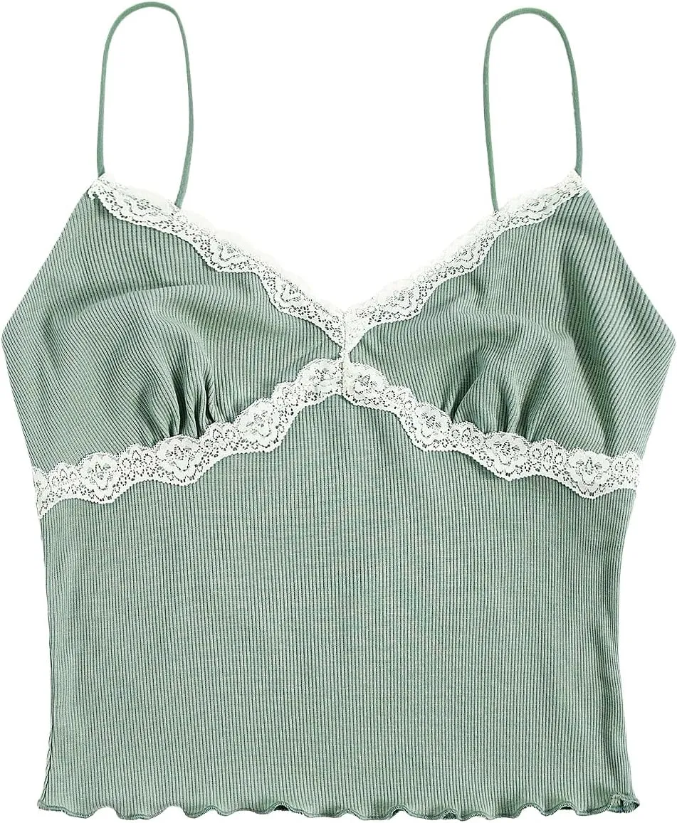 SweatyRocks Women's Lace Patchwork Spaghetti Strap Crop Cami Cute Ribbed Knit Slim Fit V Neck Camisole Tank Tops