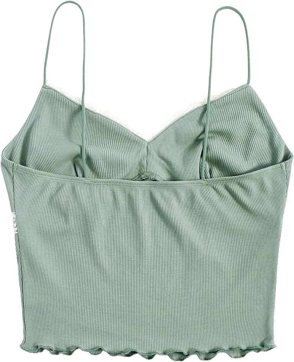SweatyRocks Women's Lace Patchwork Spaghetti Strap Crop Cami Cute Ribbed Knit Slim Fit V Neck Camisole Tank Tops