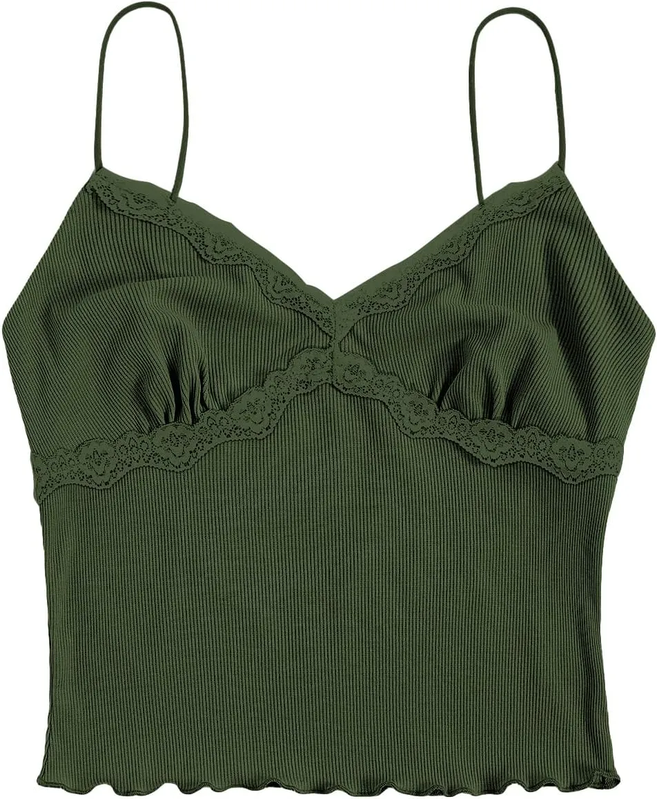 SweatyRocks Women's Lace Patchwork Spaghetti Strap Crop Cami Cute Ribbed Knit Slim Fit V Neck Camisole Tank Tops