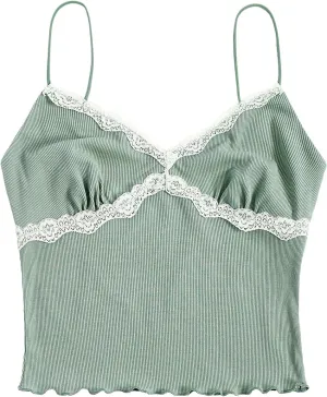 SweatyRocks Women's Lace Patchwork Spaghetti Strap Crop Cami Cute Ribbed Knit Slim Fit V Neck Camisole Tank Tops