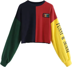 SweatyRocks Women's Letter Print Color Block Crop Sweatshirt Long Sleeve Pullover Tops