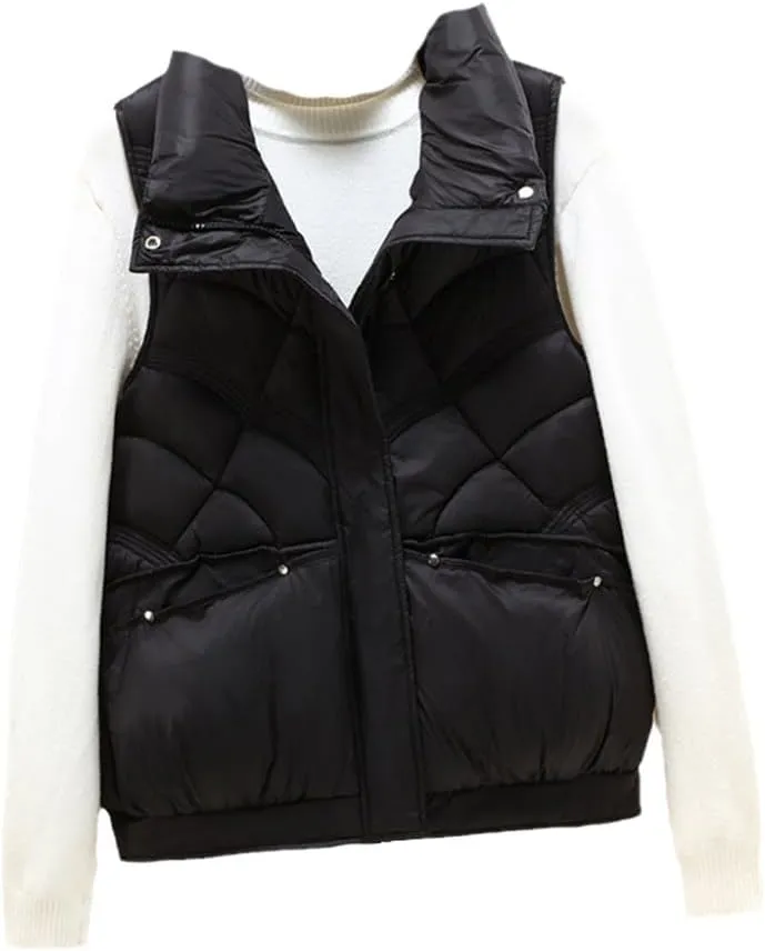 SWEPER Women'S Down Vest - Women Vest Stand Collar Short Cotton Padded Jacket Sleeveless Female Outerwear Autumn Winter