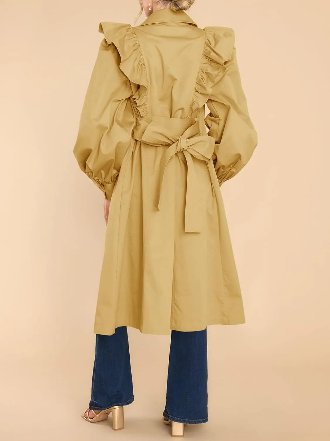 Tankaneo Womens Ruffle Long Trench Coat Fashion Long Sleeve Single Breated Overcoat Outerwear with Belt
