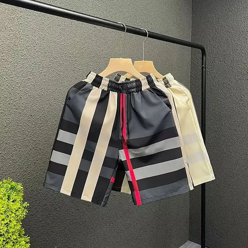 Trendy Plaid Board Shorts Quick Dry Loose Fit Beachwear Men's Summer Pants