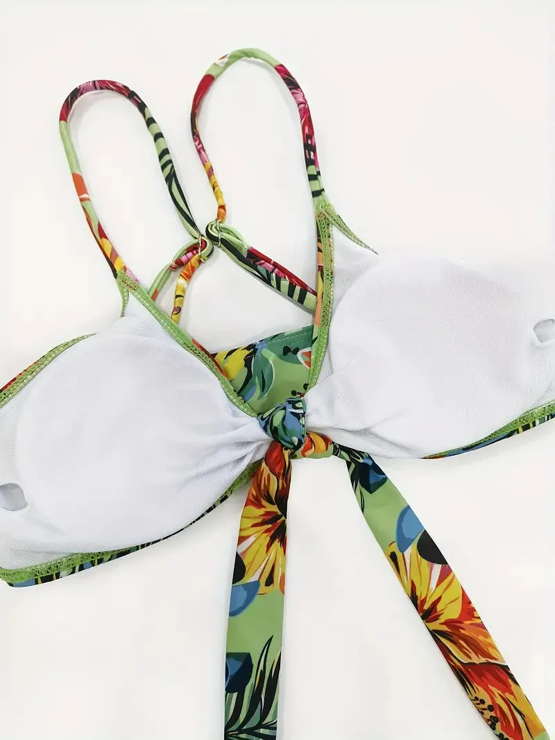 Tropical Print 3 Pieces Set High Waisted Bikini Set Knot Front Ring Belt Long Sleeve Swimsuit Cover Up