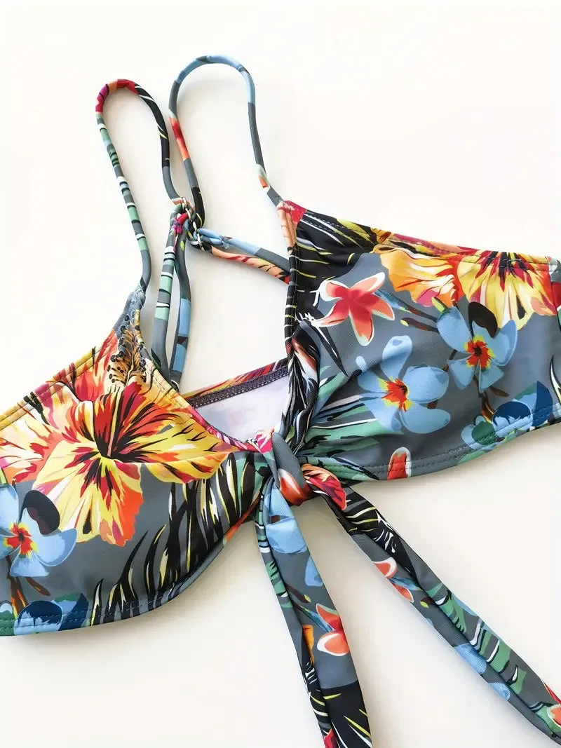 Tropical Print 3 Pieces Set High Waisted Bikini Set Knot Front Ring Belt Long Sleeve Swimsuit Cover Up