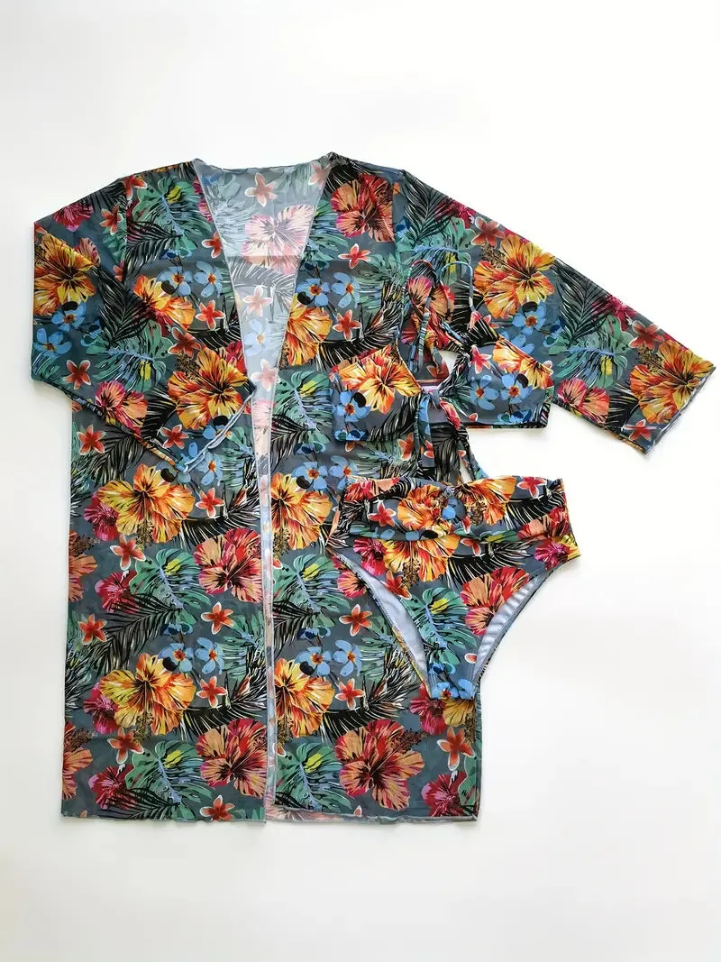 Tropical Print 3 Pieces Set High Waisted Bikini Set Knot Front Ring Belt Long Sleeve Swimsuit Cover Up