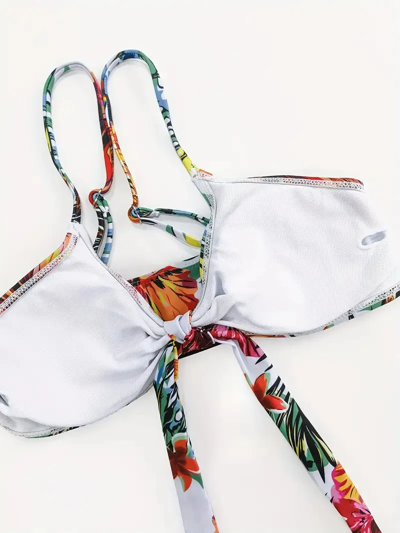 Tropical Print 3 Pieces Set High Waisted Bikini Set Knot Front Ring Belt Long Sleeve Swimsuit Cover Up