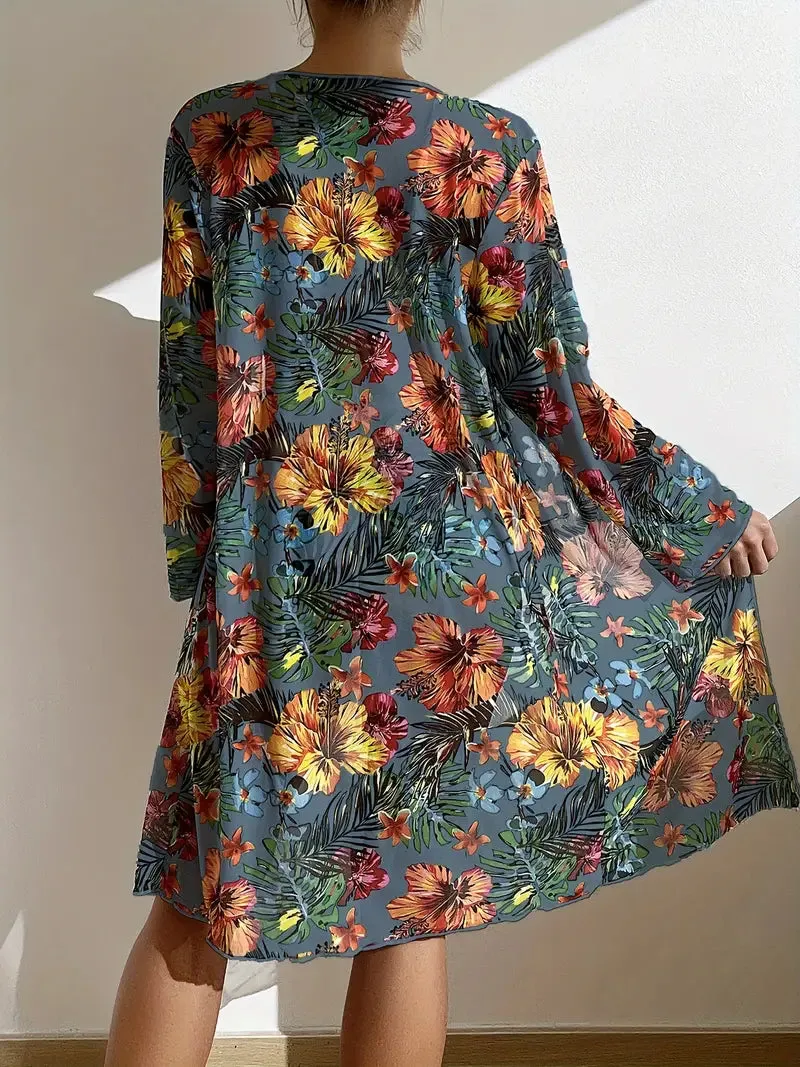 Tropical Print 3 Pieces Set High Waisted Bikini Set Knot Front Ring Belt Long Sleeve Swimsuit Cover Up