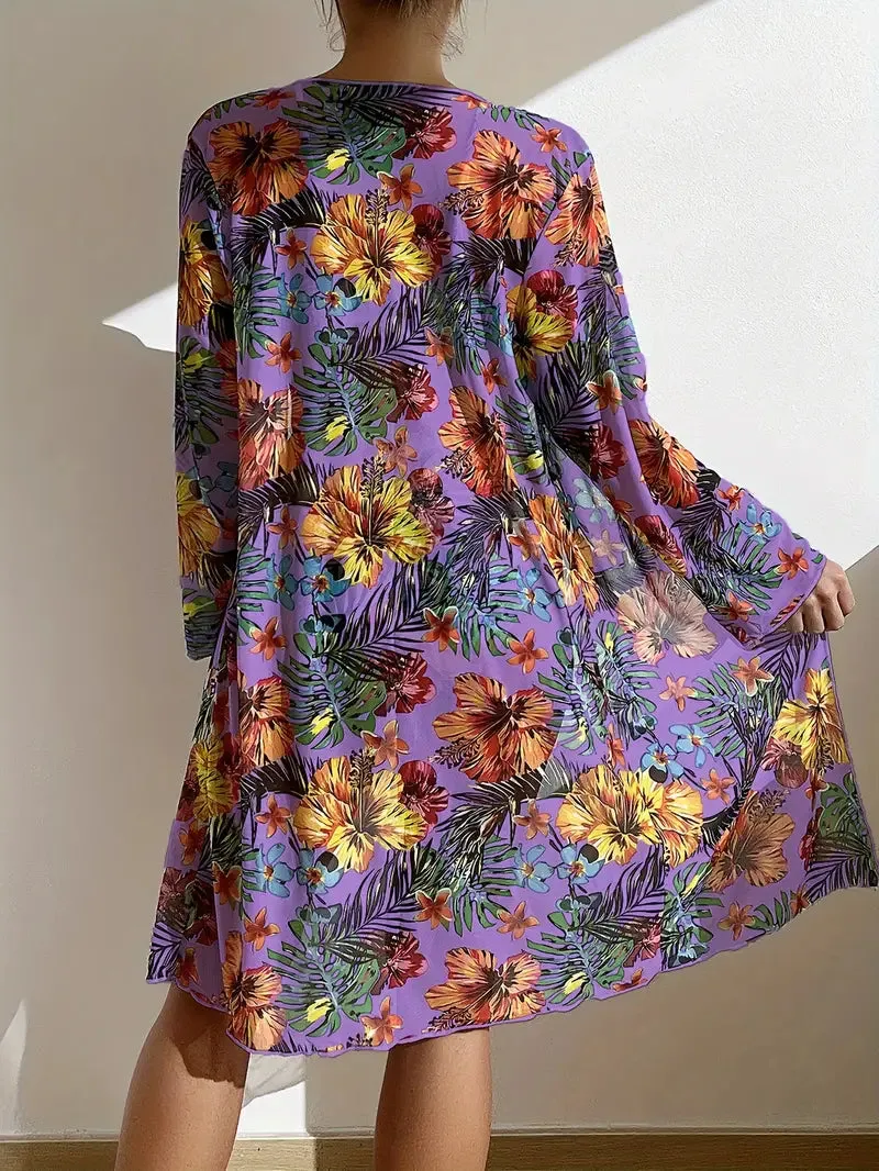 Tropical Print 3 Pieces Set High Waisted Bikini Set Knot Front Ring Belt Long Sleeve Swimsuit Cover Up