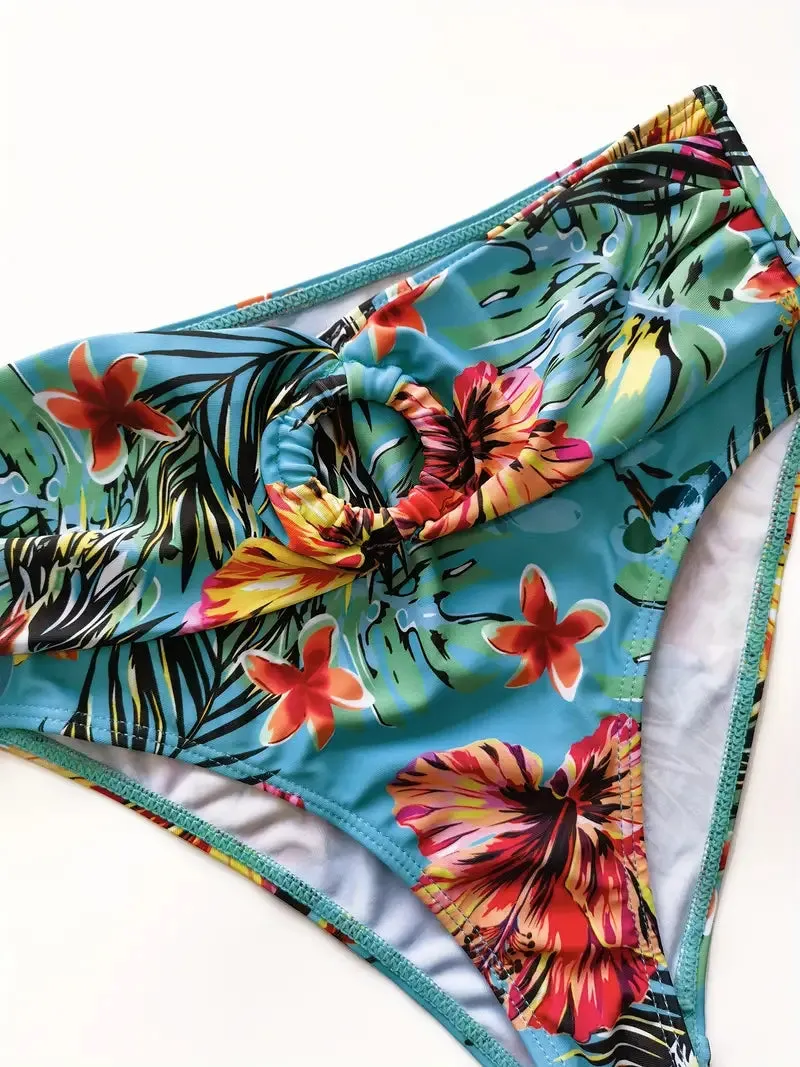 Tropical Print 3 Pieces Set High Waisted Bikini Set Knot Front Ring Belt Long Sleeve Swimsuit Cover Up