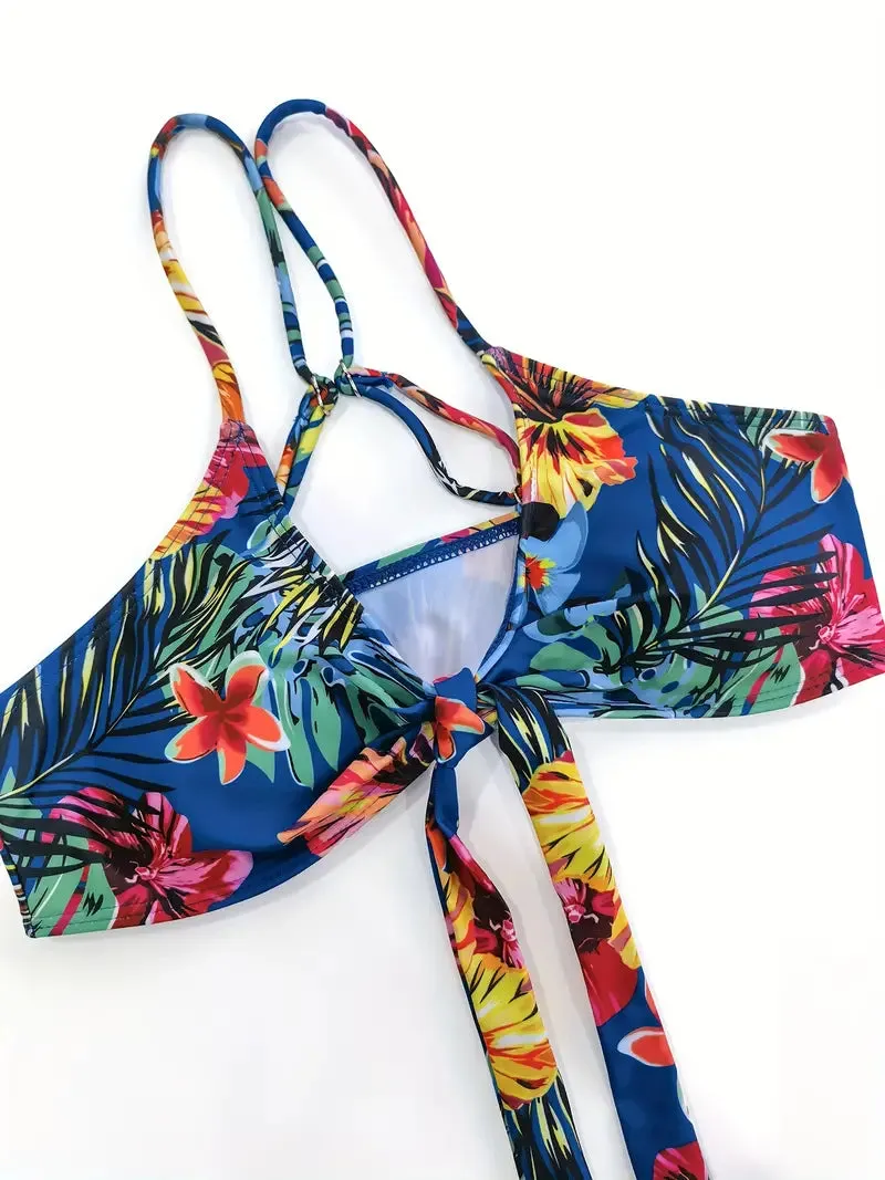 Tropical Print 3 Pieces Set High Waisted Bikini Set Knot Front Ring Belt Long Sleeve Swimsuit Cover Up
