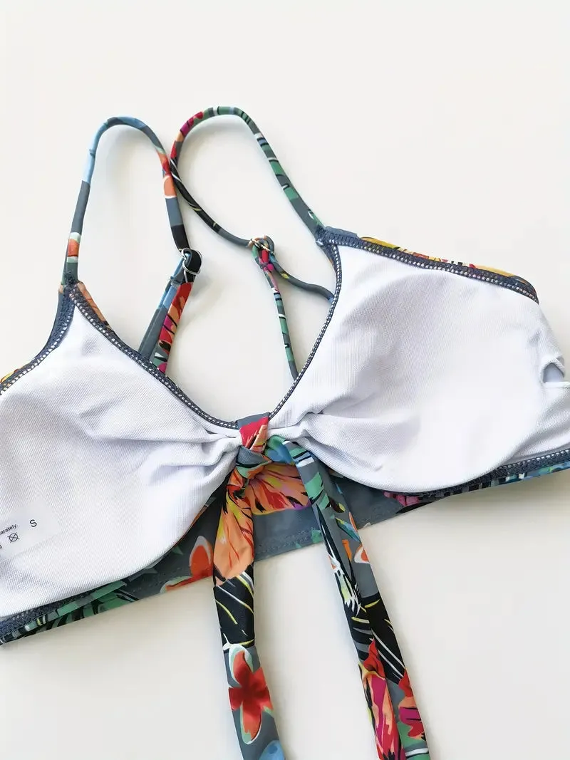 Tropical Print 3 Pieces Set High Waisted Bikini Set Knot Front Ring Belt Long Sleeve Swimsuit Cover Up