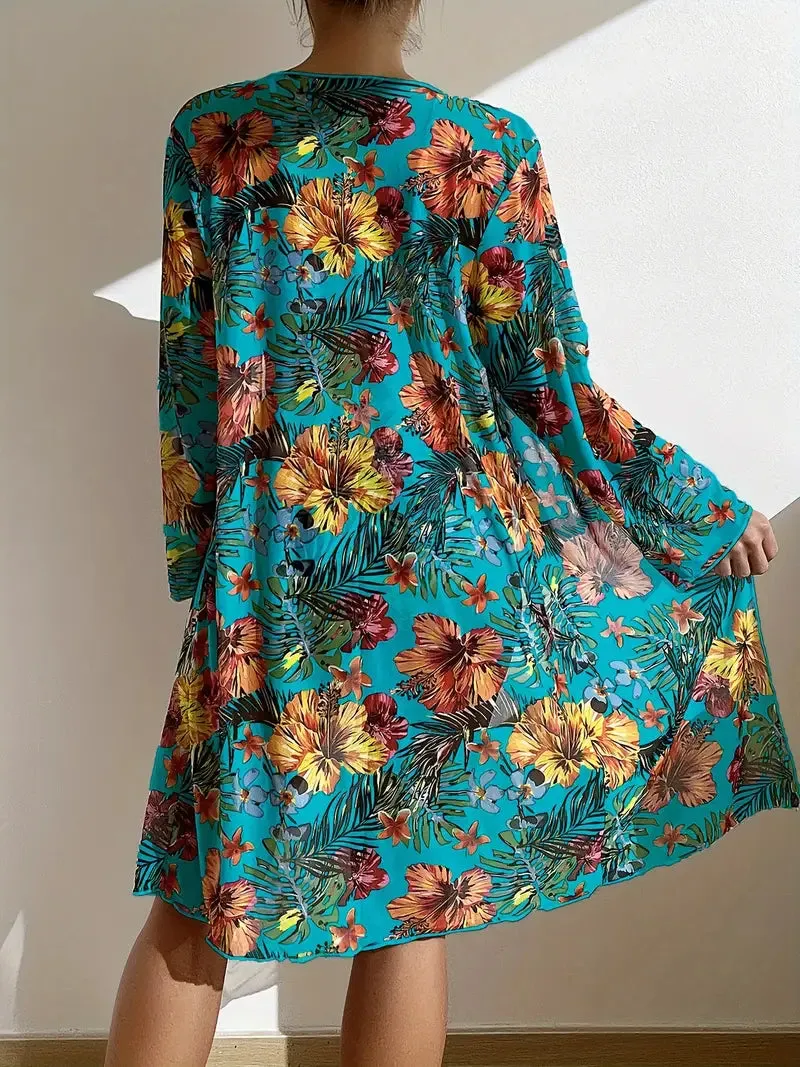 Tropical Print 3 Pieces Set High Waisted Bikini Set Knot Front Ring Belt Long Sleeve Swimsuit Cover Up