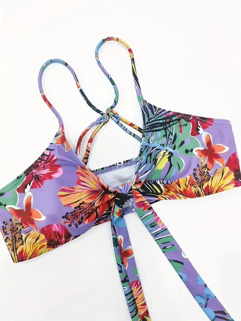 Tropical Print 3 Pieces Set High Waisted Bikini Set Knot Front Ring Belt Long Sleeve Swimsuit Cover Up