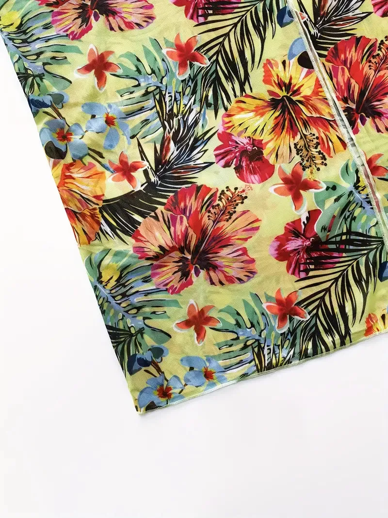 Tropical Print 3 Pieces Set High Waisted Bikini Set Knot Front Ring Belt Long Sleeve Swimsuit Cover Up