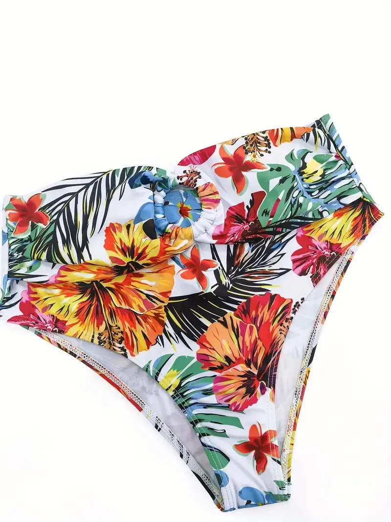 Tropical Print 3 Pieces Set High Waisted Bikini Set Knot Front Ring Belt Long Sleeve Swimsuit Cover Up