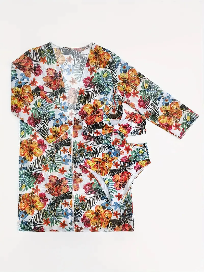 Tropical Print 3 Pieces Set High Waisted Bikini Set Knot Front Ring Belt Long Sleeve Swimsuit Cover Up