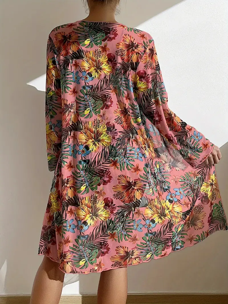 Tropical Print 3 Pieces Set High Waisted Bikini Set Knot Front Ring Belt Long Sleeve Swimsuit Cover Up