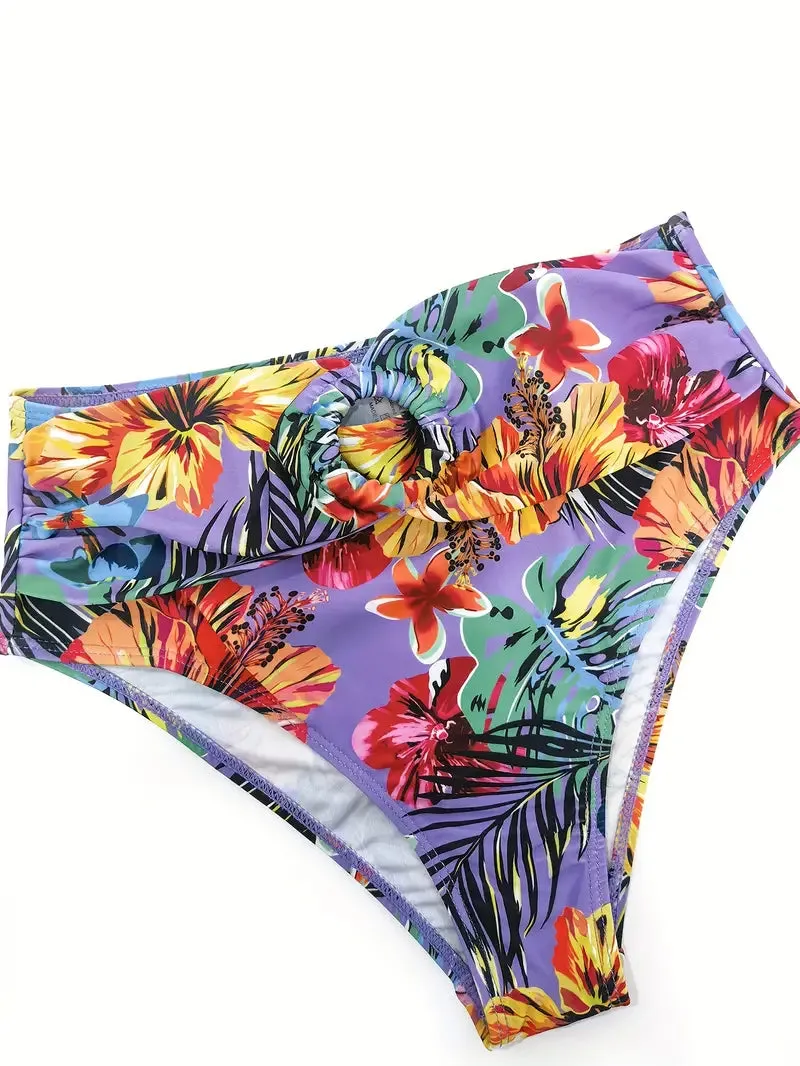 Tropical Print 3 Pieces Set High Waisted Bikini Set Knot Front Ring Belt Long Sleeve Swimsuit Cover Up