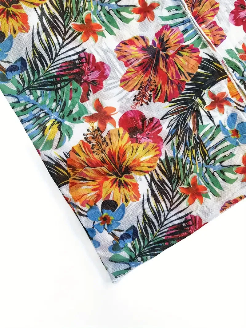 Tropical Print 3 Pieces Set High Waisted Bikini Set Knot Front Ring Belt Long Sleeve Swimsuit Cover Up