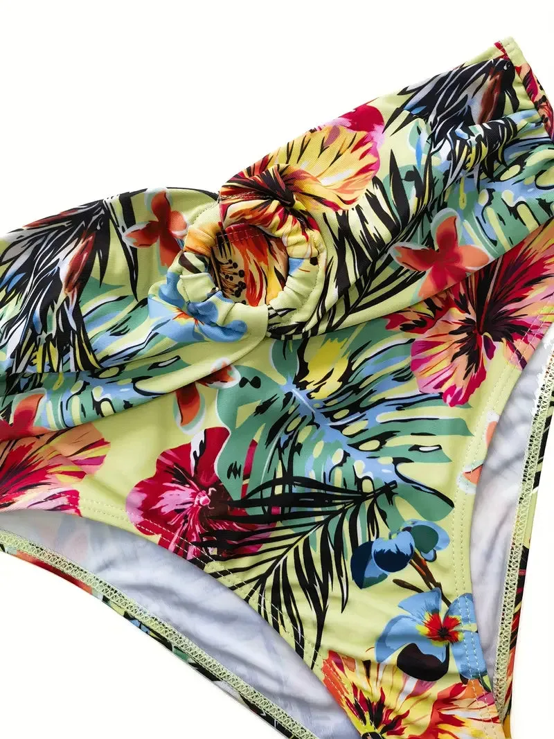 Tropical Print 3 Pieces Set High Waisted Bikini Set Knot Front Ring Belt Long Sleeve Swimsuit Cover Up