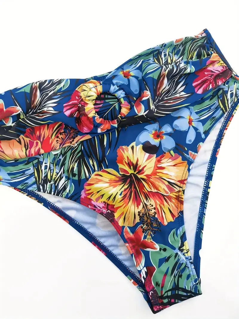 Tropical Print 3 Pieces Set High Waisted Bikini Set Knot Front Ring Belt Long Sleeve Swimsuit Cover Up