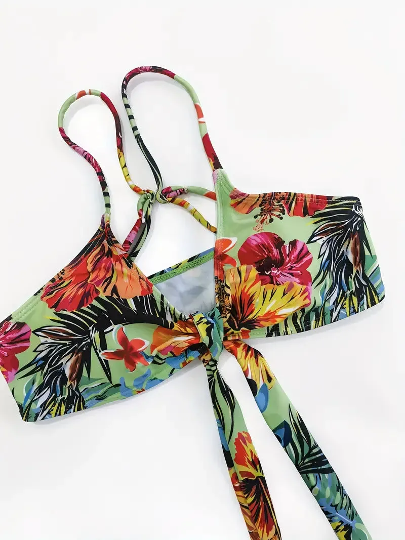 Tropical Print 3 Pieces Set High Waisted Bikini Set Knot Front Ring Belt Long Sleeve Swimsuit Cover Up