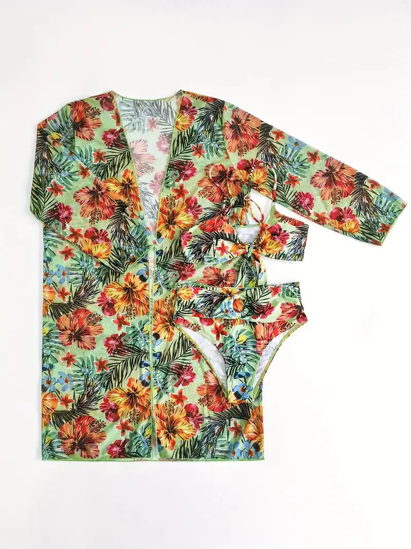 Tropical Print 3 Pieces Set High Waisted Bikini Set Knot Front Ring Belt Long Sleeve Swimsuit Cover Up