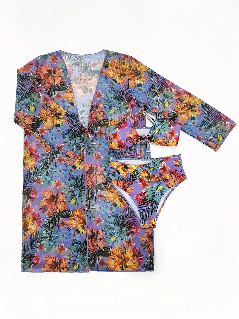 Tropical Print 3 Pieces Set High Waisted Bikini Set Knot Front Ring Belt Long Sleeve Swimsuit Cover Up