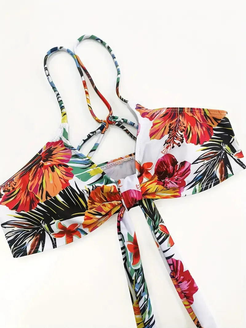 Tropical Print 3 Pieces Set High Waisted Bikini Set Knot Front Ring Belt Long Sleeve Swimsuit Cover Up