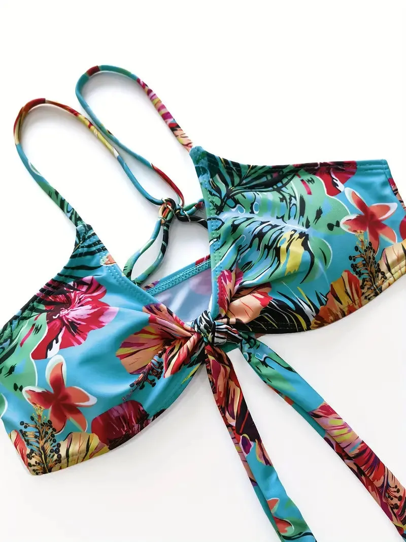 Tropical Print 3 Pieces Set High Waisted Bikini Set Knot Front Ring Belt Long Sleeve Swimsuit Cover Up